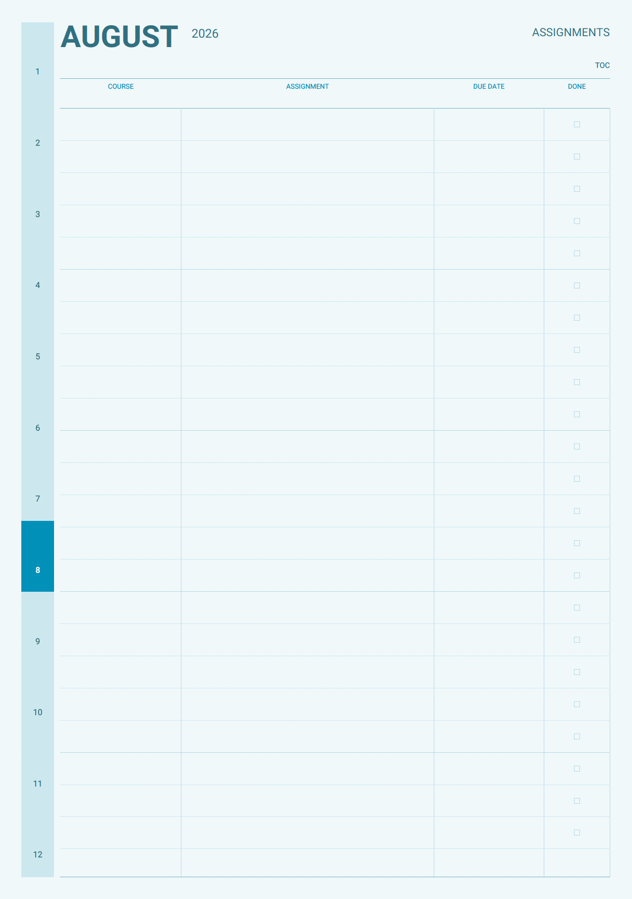 Academic planner assignments page