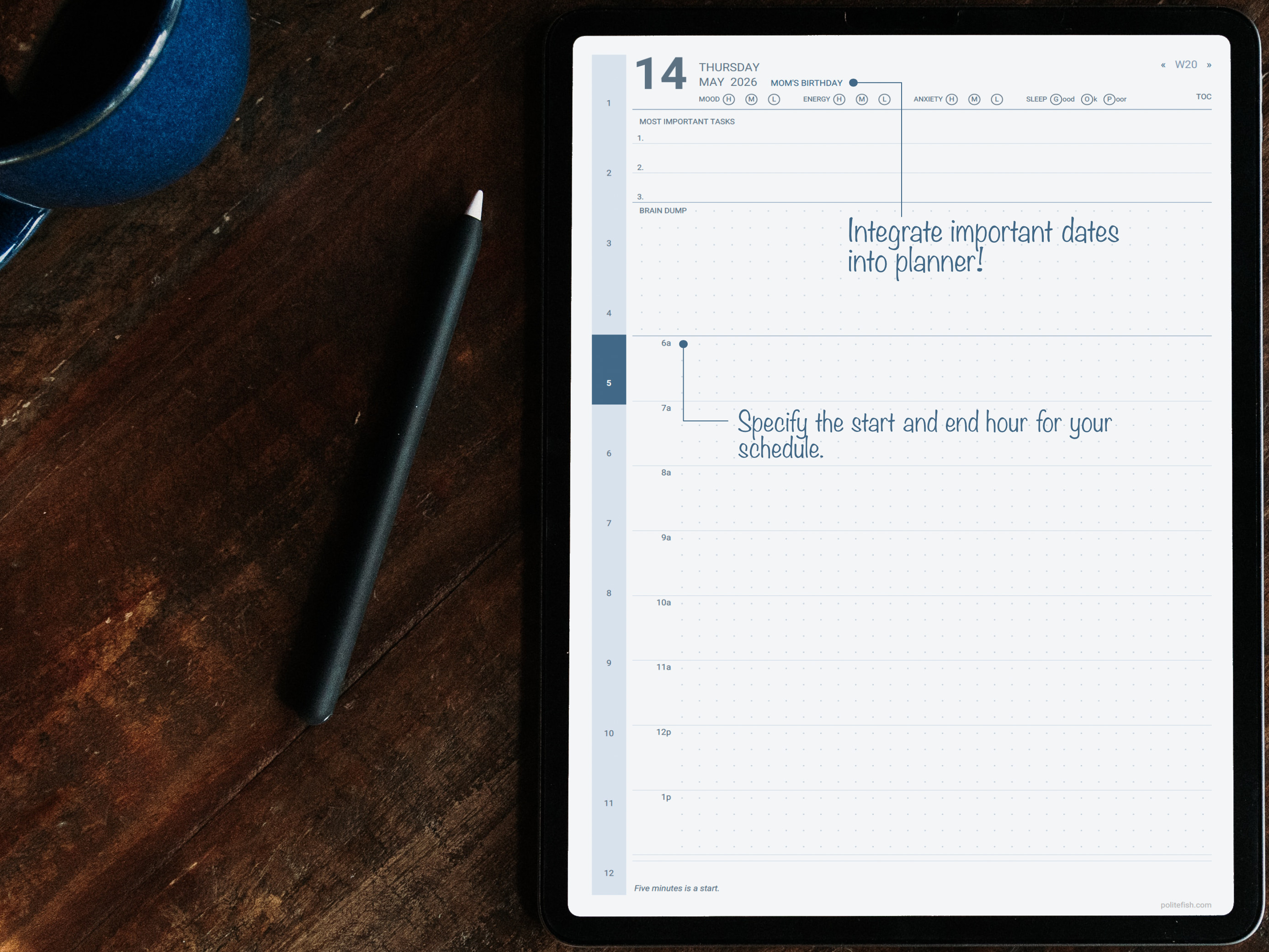 ADHD planner daily page showing focus box, mood and energy trackers