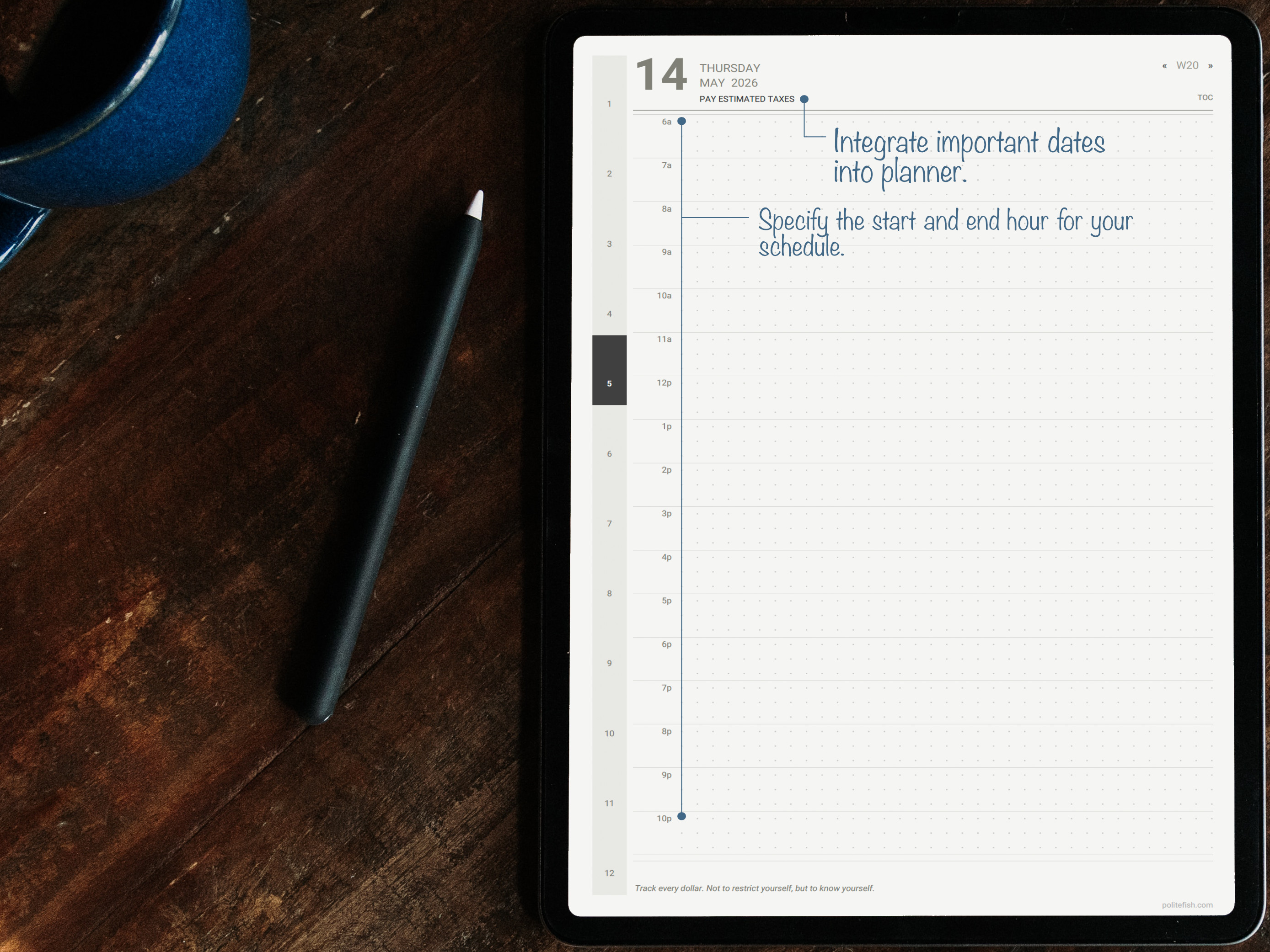 fiance daily page with custom hour range and important dates