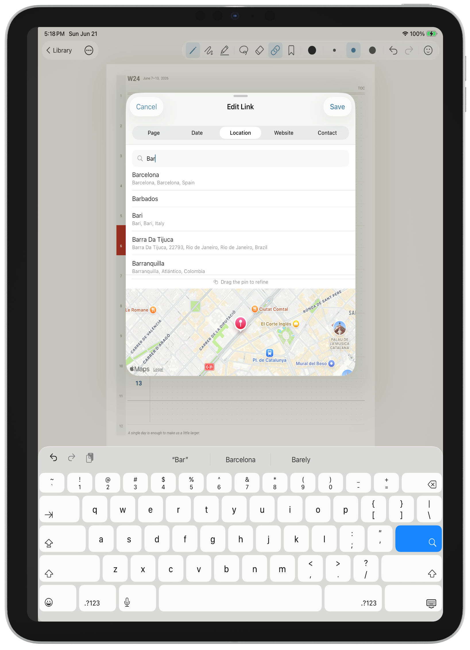 iPad screen showing a map for linking writing to a location in a digital planner.