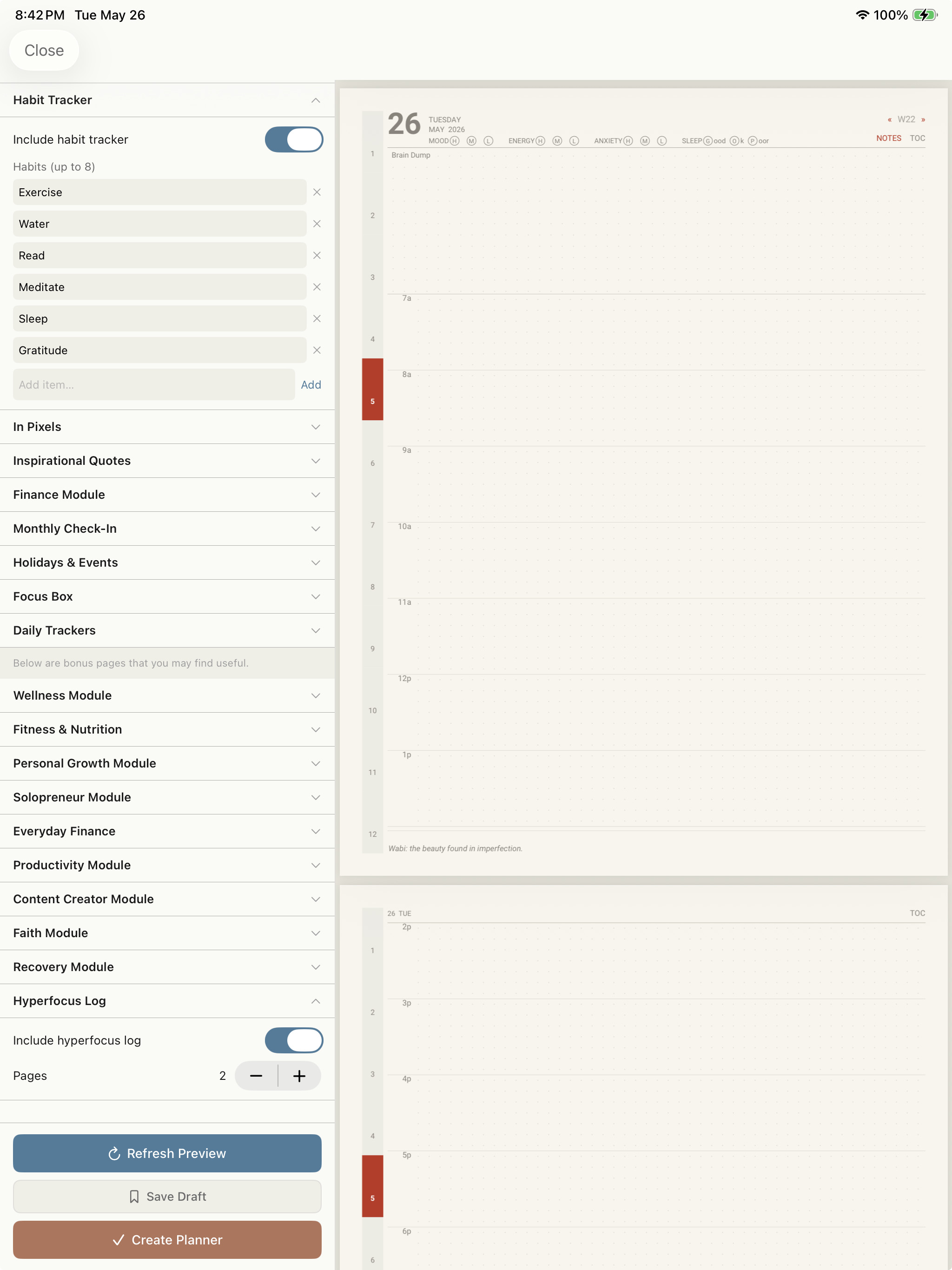 The Polite Fish Planner Studio on iPad showing the controls for configuring page quantity and habit tracker names.