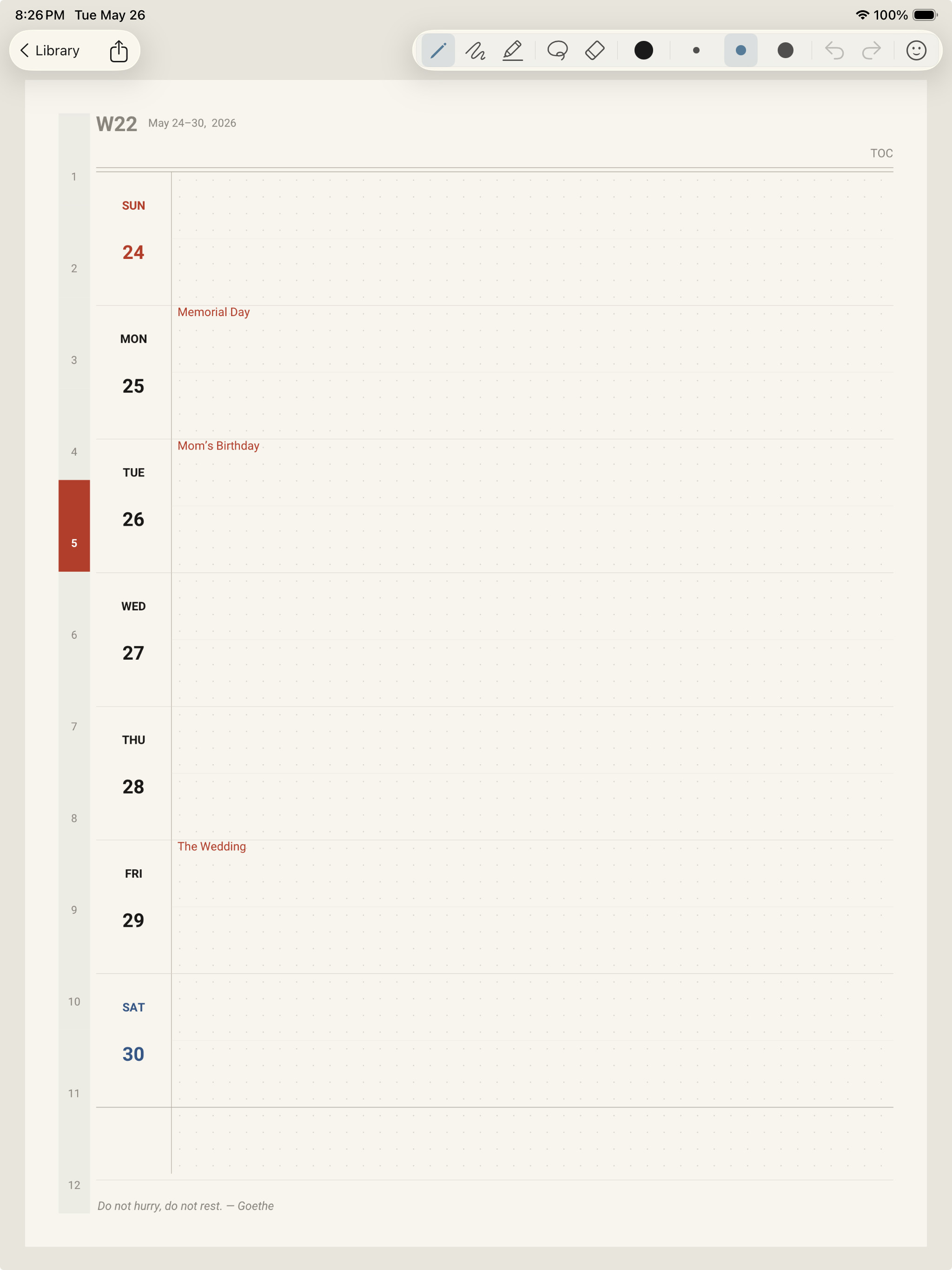 The Polite Fish Planner Studio on iPad showing the monthly overview page with important dates embedded in the planner page.