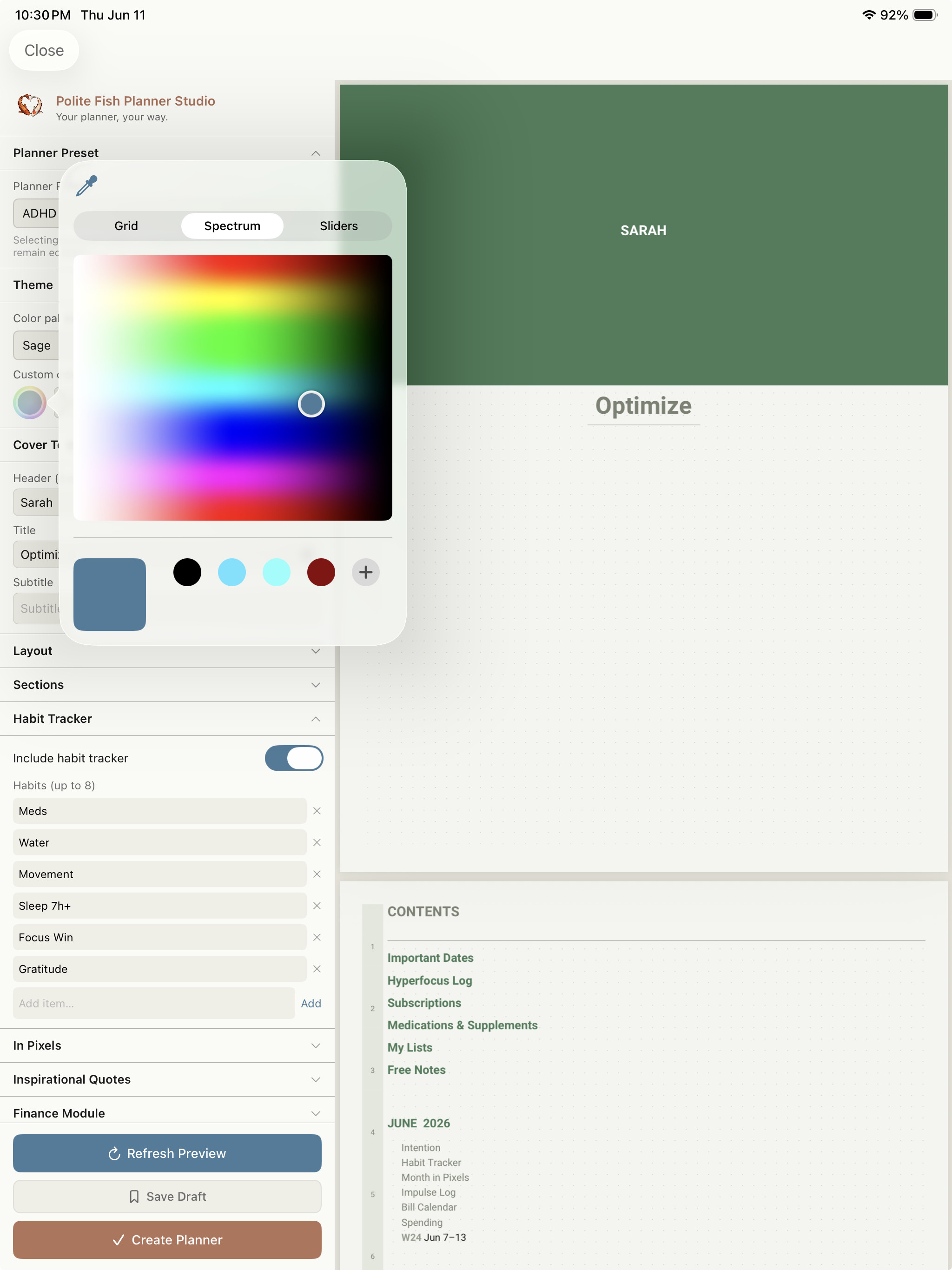 The Polite Fish Planner app design studio showing custom ADHD planner cover page with color picker.