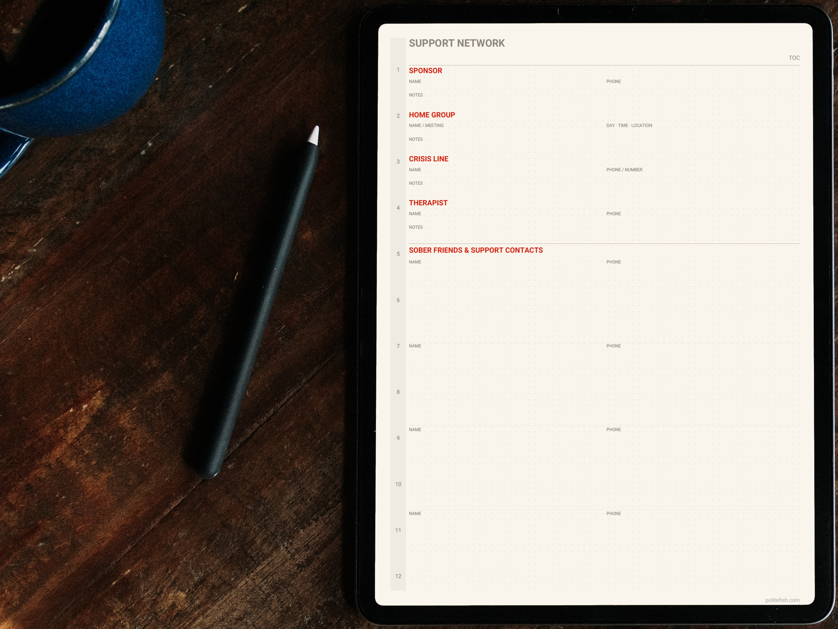 Support network and meeting schedule page