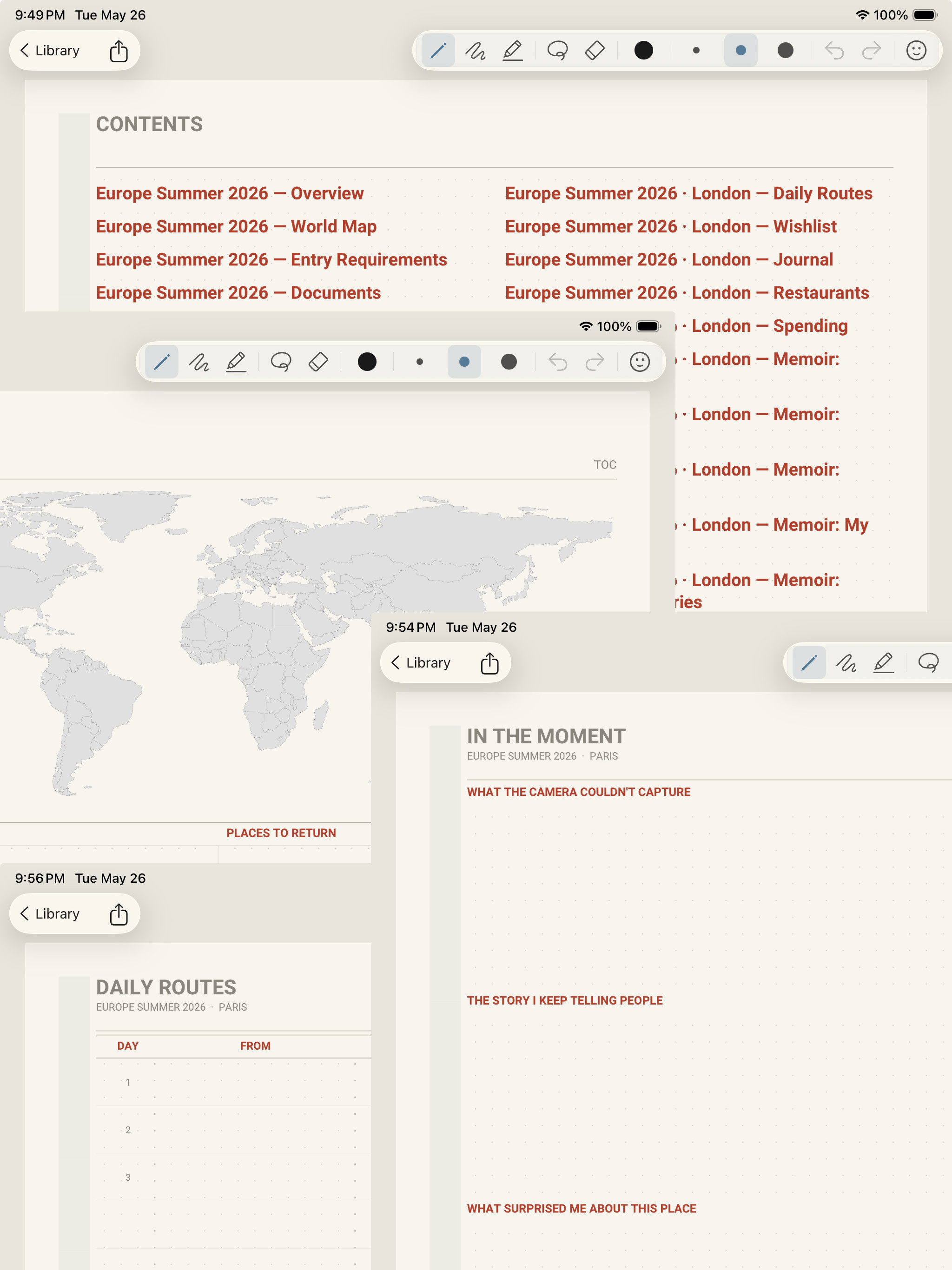 Travel journal showing named trip, multiple named destinations, world map and daily routes pages.