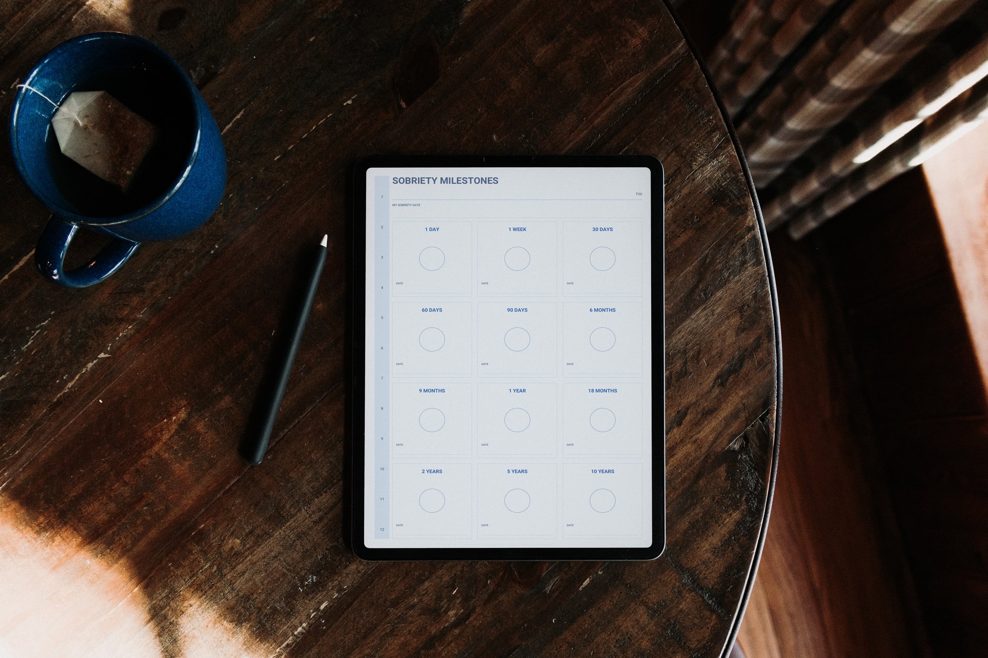 Sobriety & Recovery Journal milestones mockup